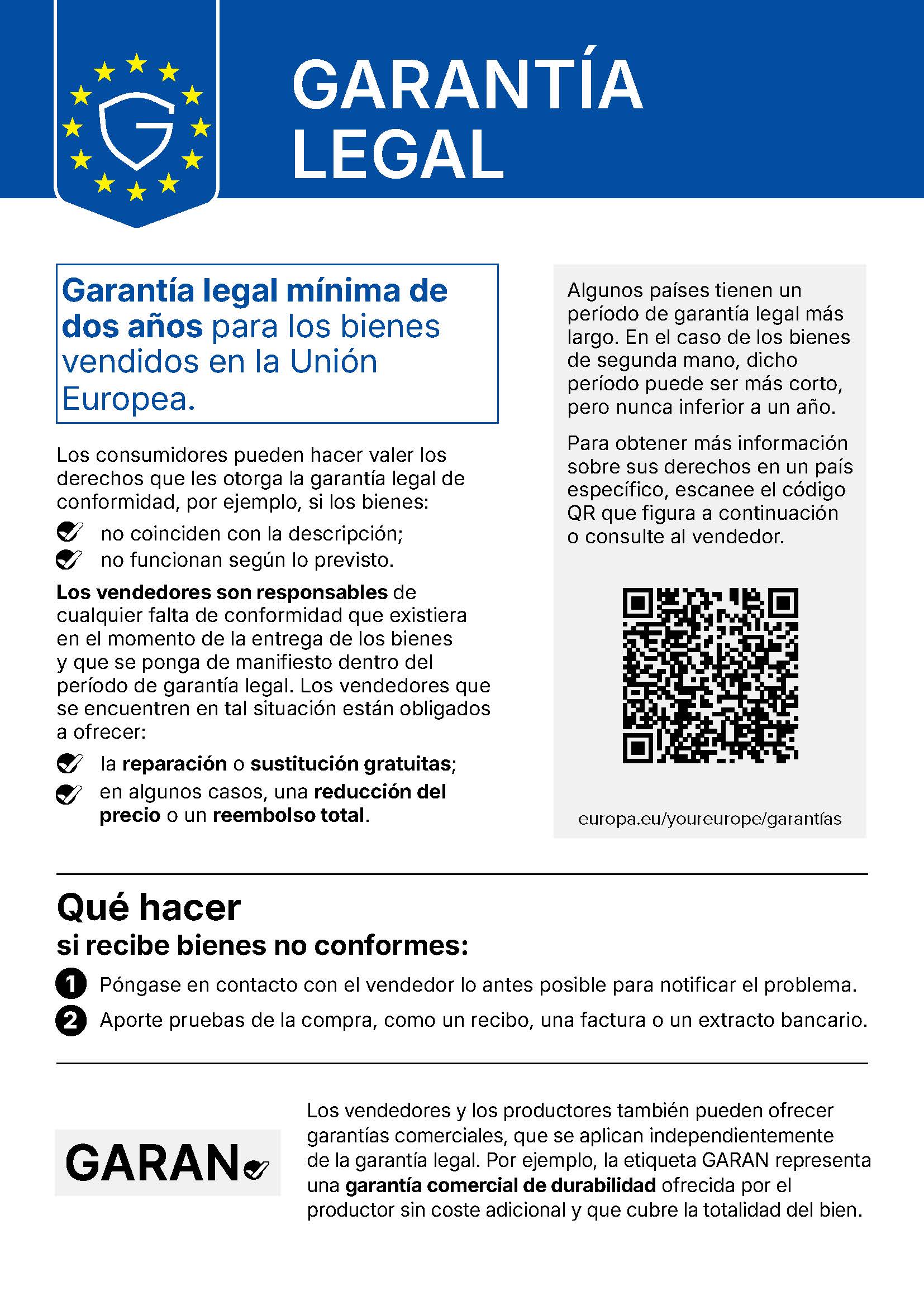Información sobre la garantía legal de los bienes vendidos en la Unión Europea
